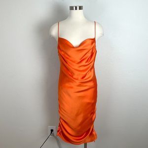 Zara Womens Large Orange Satin Slip Midi Dress Ruched Sides